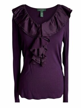 Lauren By Ralph Lauren. V-neckline Top With Ruffle Detail. Purple. Size Small